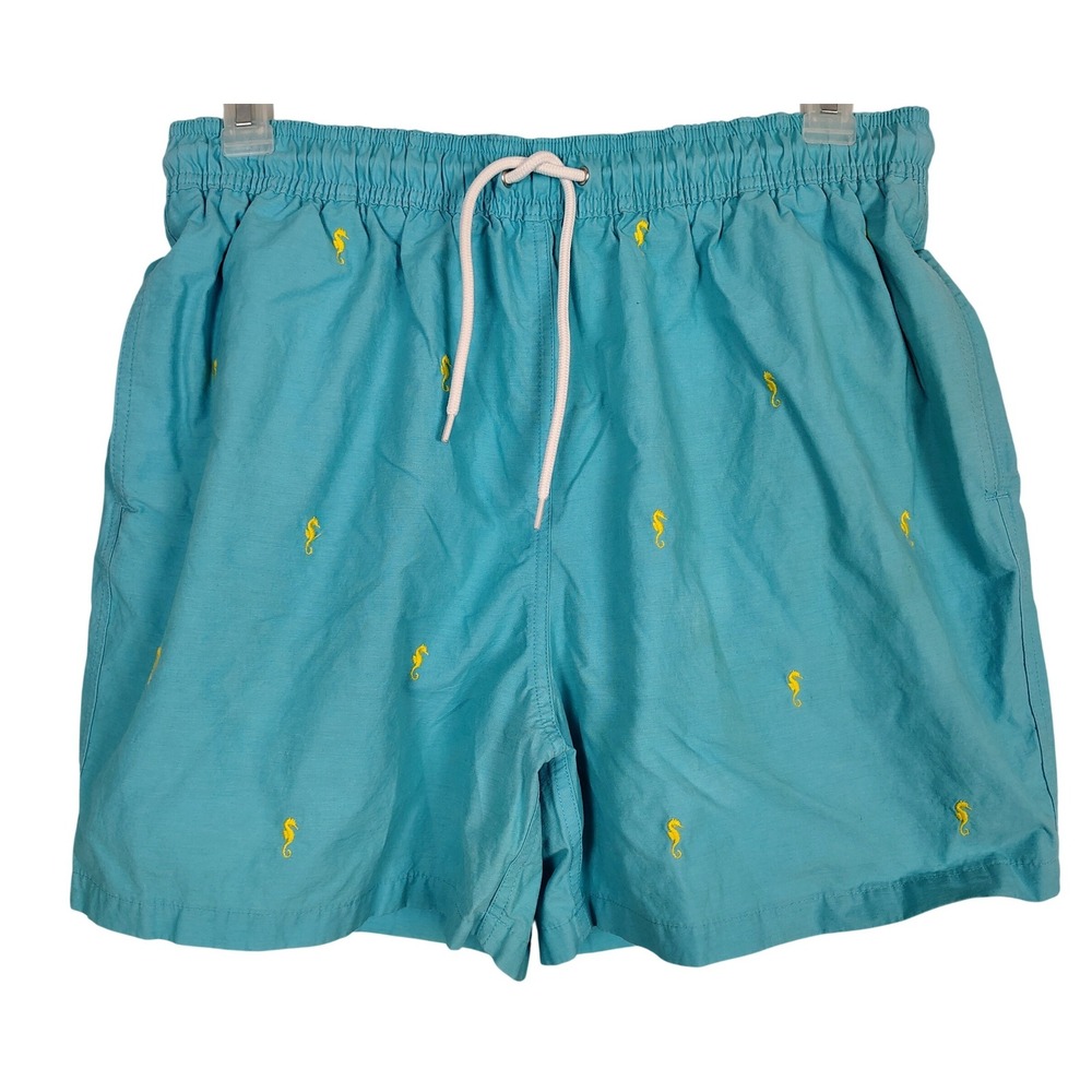 Brooks Brothers 346 Mens Large Turquoise Seahorse Embroidered Swim Trunks‎ Blue